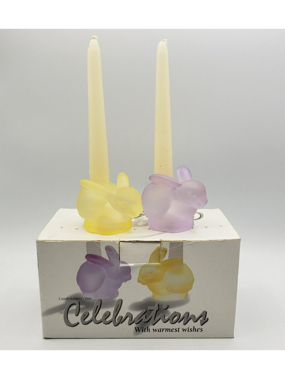 Celebration Taper Candle Holders In Box Frosted Glass Bunny Rabbits Easter